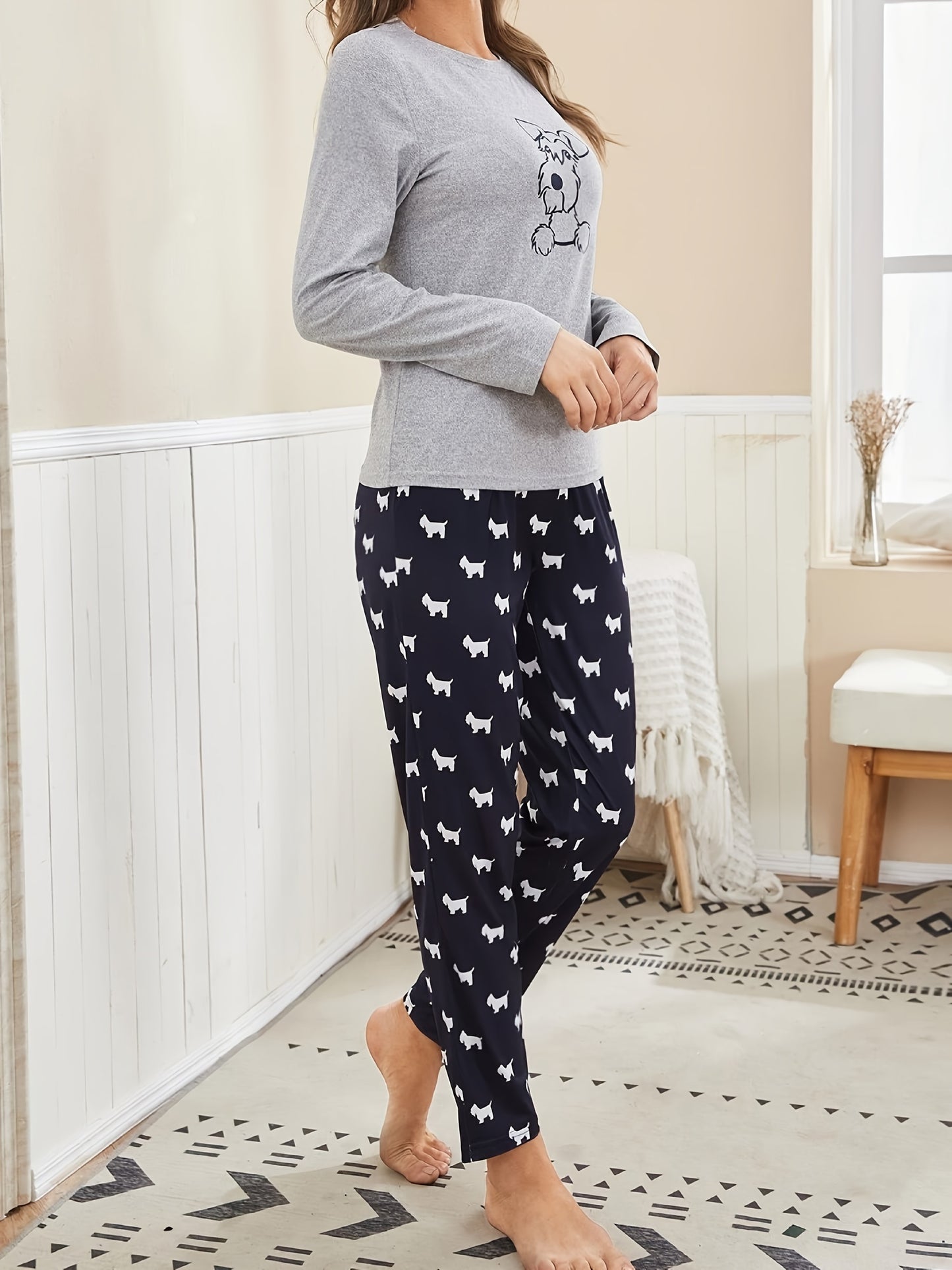 Long Sleeve Cartoon Dog Print Pajama Set, Women's Crew Neck Top & Elastic Waistband Pants Sleepwear & Loungewear