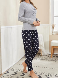 Long Sleeve Cartoon Dog Print Pajama Set, Women's Crew Neck Top & Elastic Waistband Pants Sleepwear & Loungewear