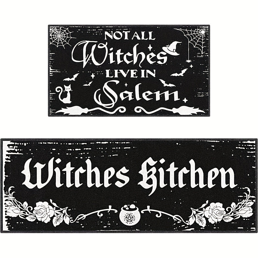 2pcs Halloween Kitchen Mats - Witch & Gothic Design, Anti-Slip, Machine Washable Polyester Rugs for Home Decor and Party