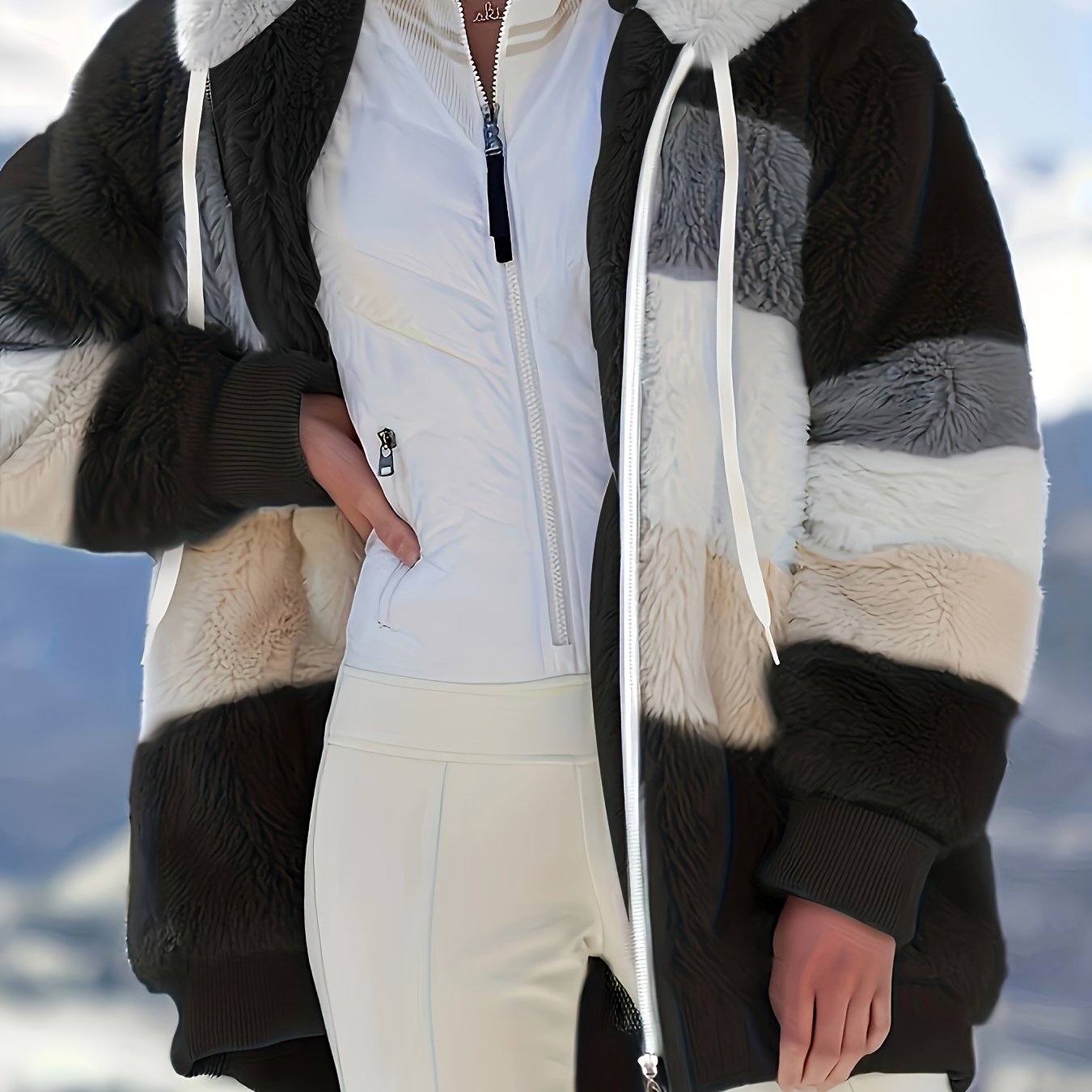 Womens Ultra-Soft Teddy Fleece Color Block Hooded Coat - Stylish Zip Up Winter Warm Outerwear with Full Hood and Long Sleeves - Trendy Casual Clothing for Chilly Days