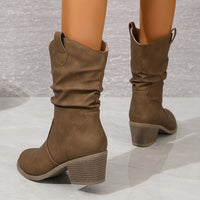 Mid Calf Women's Slouch Boots, Solid Color V-cut Slip On Cowgirl Low Heel Block Stacked Heels