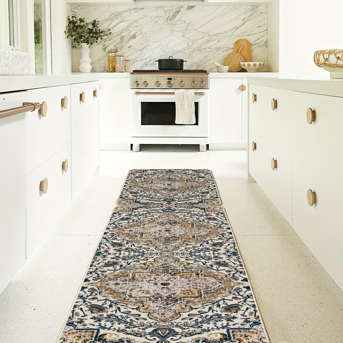 2pcs/set Sm:)e Flowers Bohemia Kitchen Mats, Daily Boho Home Decor Low-Profile Kitchen Rugs For Floor - 17x29 Inches And 17x47 Inches