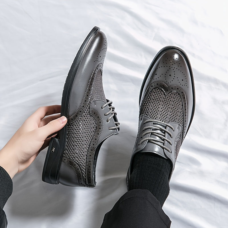 Men's Solid Color Vintage Wingtip Brogue Toe Derby Shoes, Comfy Non Slip Durable Rubber Sole Lace Up Dress Shoes, Men's Footwear