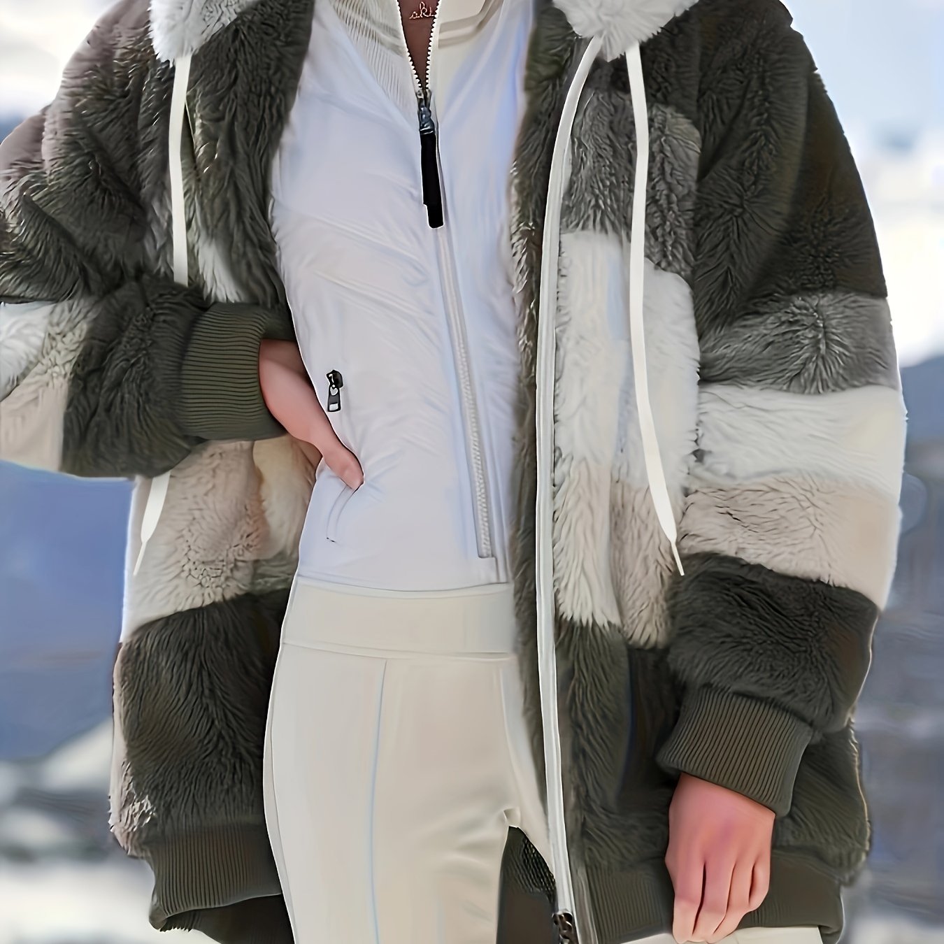 Womens Ultra-Soft Teddy Fleece Color Block Hooded Coat - Stylish Zip Up Winter Warm Outerwear with Full Hood and Long Sleeves - Trendy Casual Clothing for Chilly Days