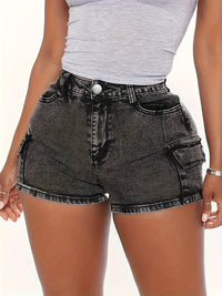 Stretchy Comfort Fit High-Waisted Washed Denim Shorts - Side Flap Pocket, Zipper Button Closure, Relaxed Fit, Soft Fabric, Versatile Style for Women - Perfect for Casual Outings, Summer Events, and Outdoor Activities