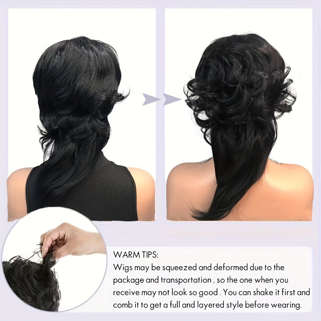 [Heat Resistant Mullet Wig] 180% Density Heat Resistant Synthetic Hair Wig - Chic Pixie Cut Mullet for Women - Long Wavy Style with Bangs, Beginner-Friendly, Voluminous Body Wave Texture