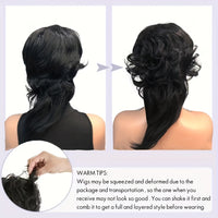[Heat Resistant Mullet Wig] 180% Density Heat Resistant Synthetic Hair Wig - Chic Pixie Cut Mullet for Women - Long Wavy Style with Bangs, Beginner-Friendly, Voluminous Body Wave Texture
