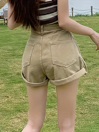 Distressed High Waist Denim Shorts for Women - Fashionable Slash Pockets A-Line Design, Comfortable Fit, Versatile Summer Style - Short Denim Pants, Womens Jeans Clothing