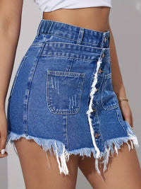 Women's High-Waisted Denim Shorts Skirted Shorts, Distressed Fringe Raw Hem Skorts, Elastic Waist, Loose Fit, Slimming, Preppy Style, Casual Summer Fashion