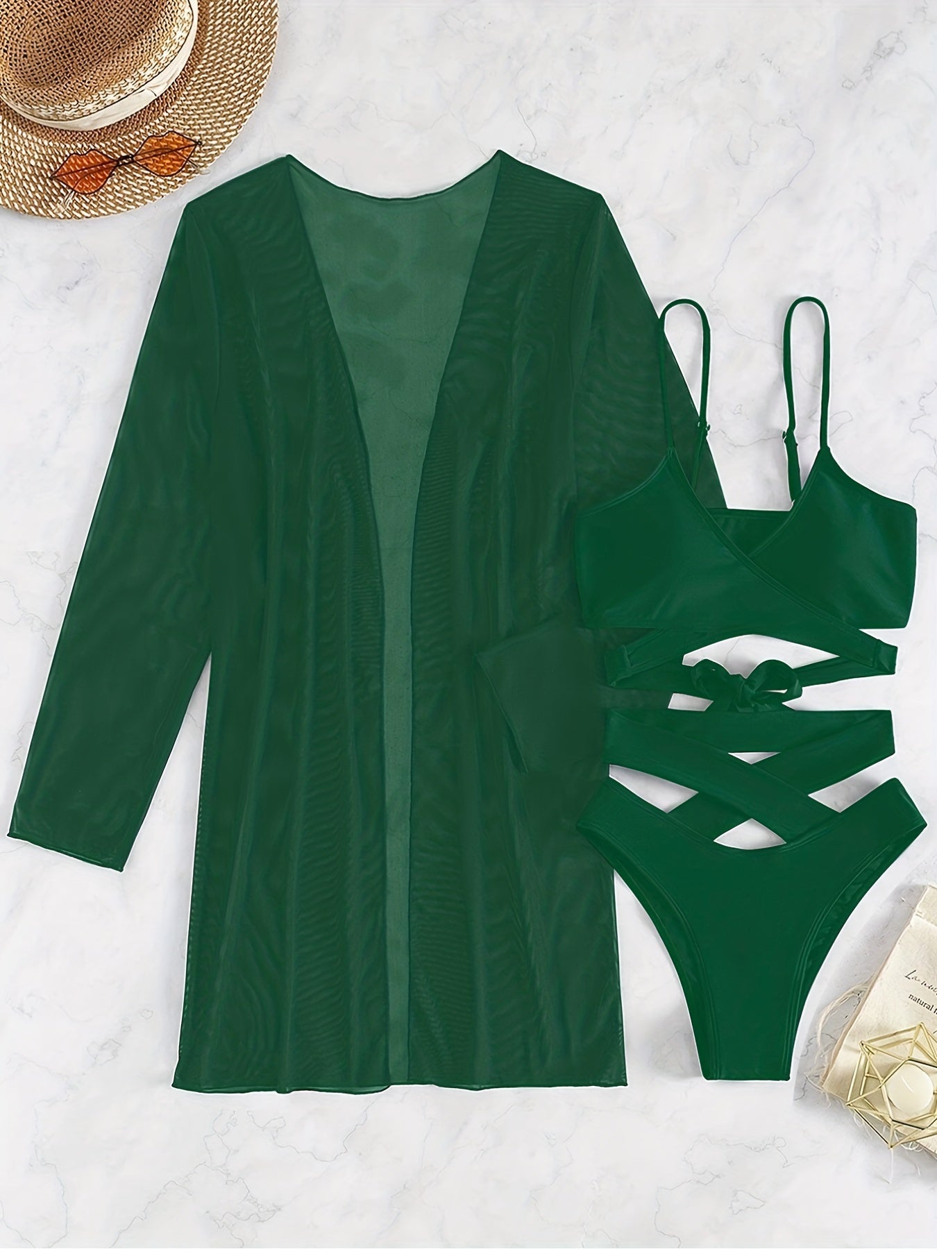 3-Pieces V Neck Bikini Sets, Criss Cross Strap High Cut With Cover Up Shirt Long Sleeves Bathing Suit, Women's Swimwear & Clothing
