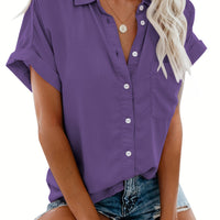 Women'S Short Sleeve V-Neck Button-Up Shirt with Pockets - Light Gray, Casual Summer Top, Perfect for Vacation or Casual Attire, Vacation Clothing | Buttonup Shirt | Glossy Texture