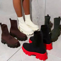 Women's Thick-soled Short Boots, Knitted Round Toe Shoes