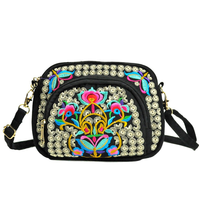 [Vibrant Crossbody Bag] Lightweight Double-Sided Vibrant Floral Embroidered Crossbody Bag for Women | Detachable Strap, Zipper Closure, Phone Pocket - Perfect for Casual Outings, Travel Accessory