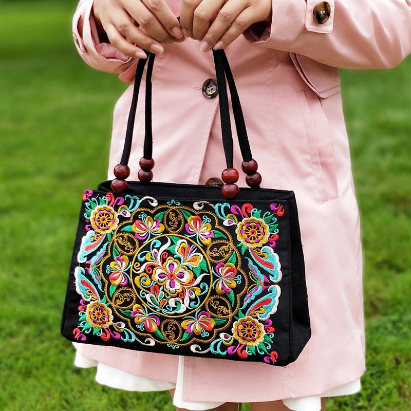 Embroidered Handbag, Double Zipper Bag, Women's Printed Handbag