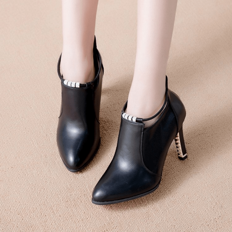[Stiletto | Synthetic] Ultrahigh Stiletto Heels Women's Pointed Toe Ankle Boots | Synthetic, Casual Dress Style with Back Zipper, Metal Thin Heel, Rhinestone Detail | Fashion Comfortable Shoes for Autumn and Winter 2022