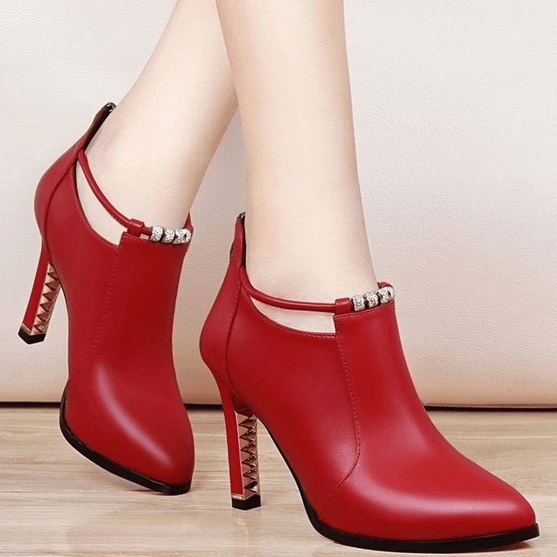 [Stiletto | Synthetic] Ultrahigh Stiletto Heels Women's Pointed Toe Ankle Boots | Synthetic, Casual Dress Style with Back Zipper, Metal Thin Heel, Rhinestone Detail | Fashion Comfortable Shoes for Autumn and Winter 2022