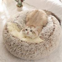 2 in 1 Round Warm Pet Bed House Polyester Cat Bed, Long Plush, Winter, with Sleeping Bag Sofa Cushion for Cat