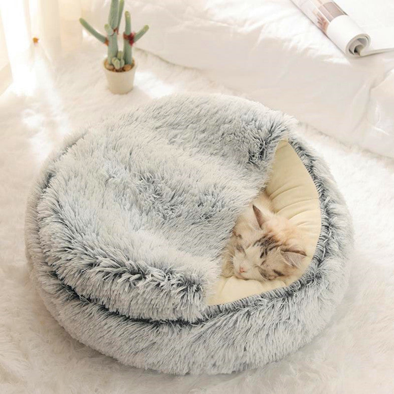 2 in 1 Round Warm Pet Bed House Polyester Cat Bed, Long Plush, Winter, with Sleeping Bag Sofa Cushion for Cat