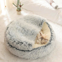 2 in 1 Round Warm Pet Bed House Polyester Cat Bed, Long Plush, Winter, with Sleeping Bag Sofa Cushion for Cat