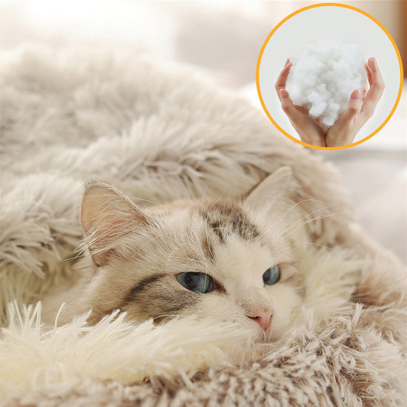 2 in 1 Round Warm Pet Bed House Polyester Cat Bed, Long Plush, Winter, with Sleeping Bag Sofa Cushion for Cat
