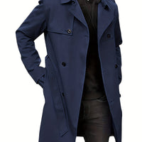 Plus Size Men's Trendy Windbreaker Double-breasted Belt Lapel Casual Slim Long Jacket Coat