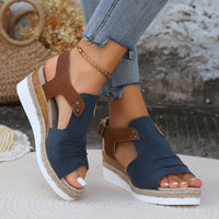 Women's Comfy Mid-Heel Wedge Sandals - Open-Toe, Buckle Ankle Strap, Chic Geometric Colorblock for Summer Elegance