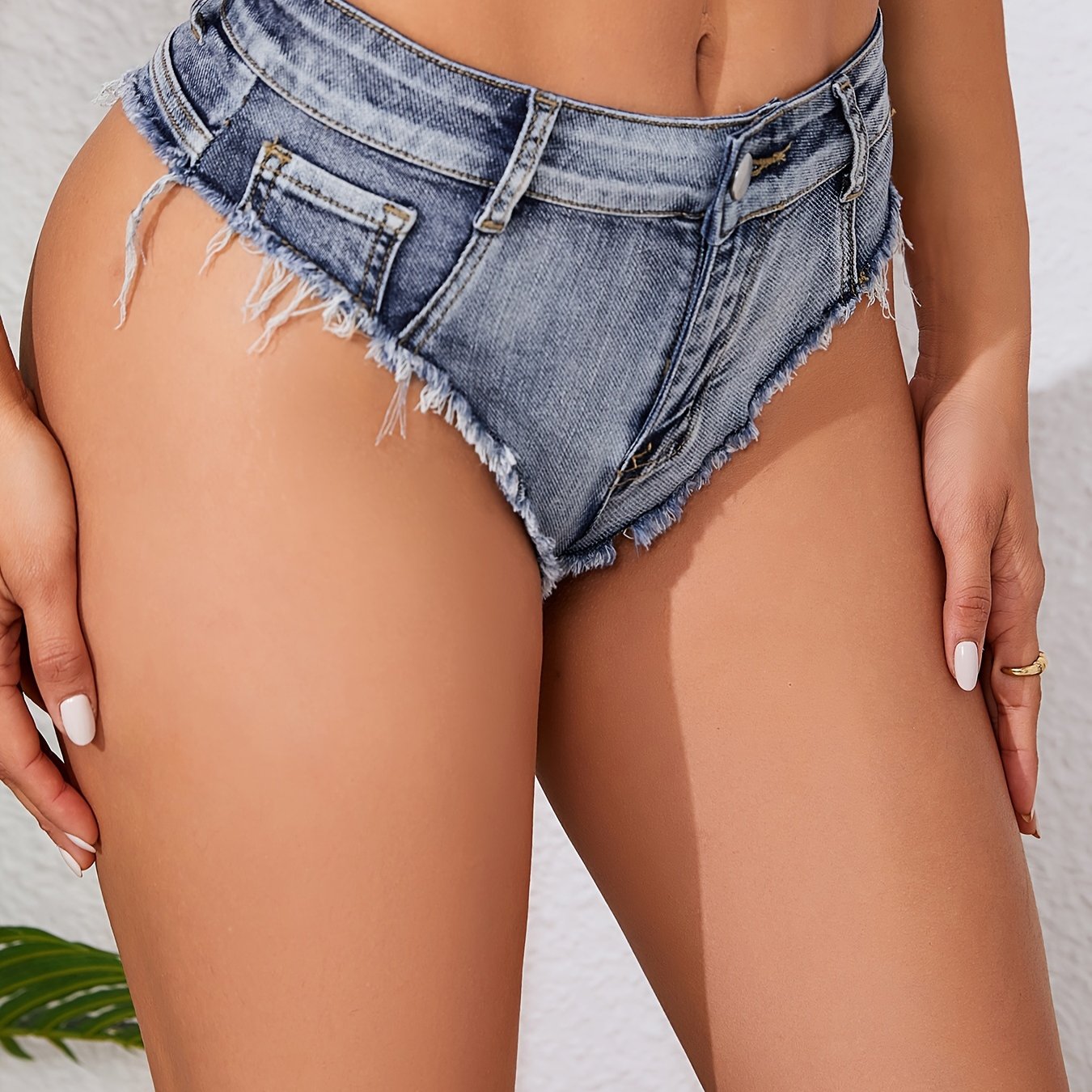 Sexy Stretchy Denim Shorts for Women - Frayed Hem, Low Rise, Cheeky Cut, High Stretch Fabric, Solid Color, Tassel Detail, Spring/Summer Casual Hot Pants