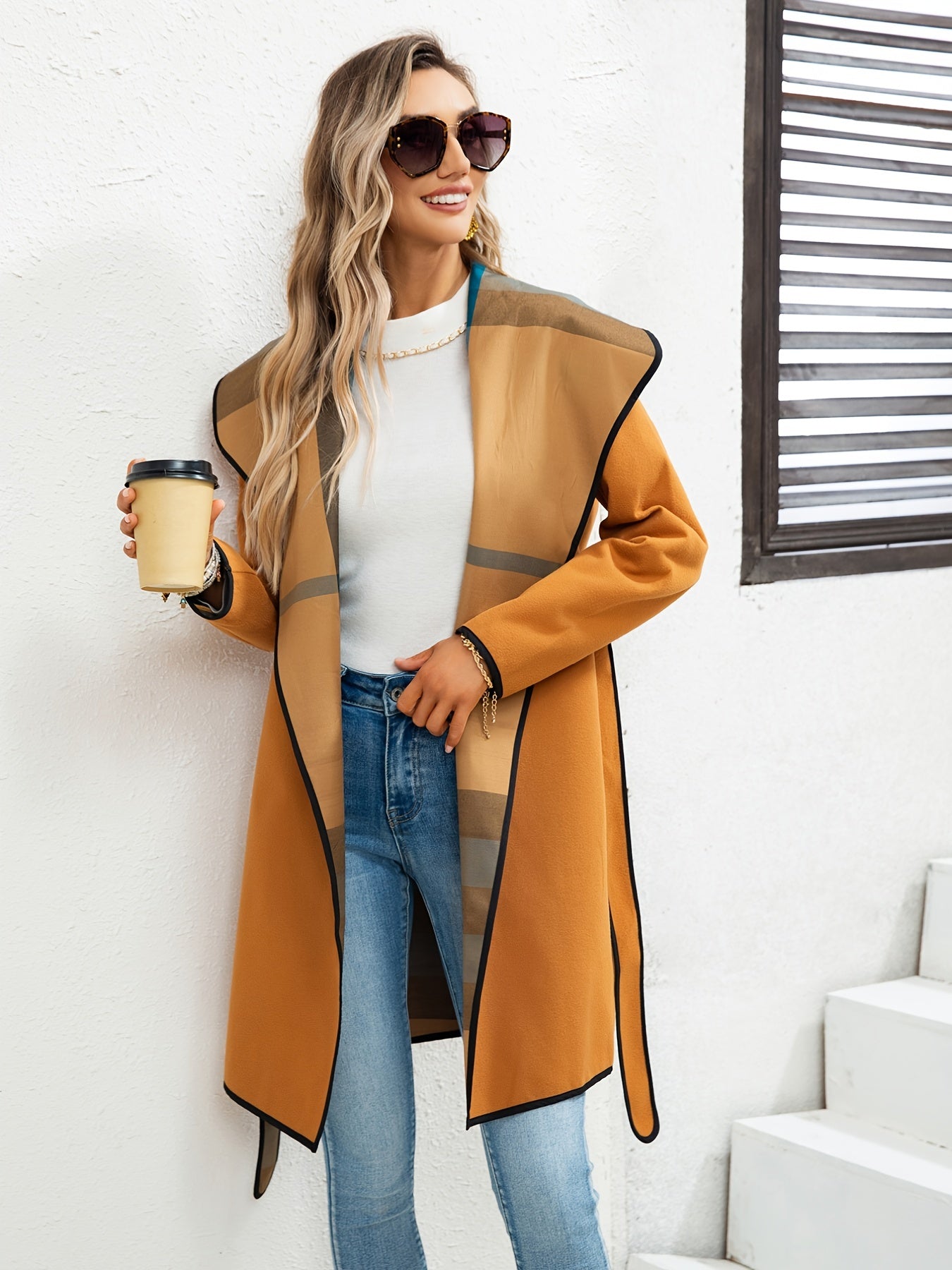 Waterfall Collar Contrast Trim Coat, Casual Open Front Long Sleeve Outerwear, Women's Clothing