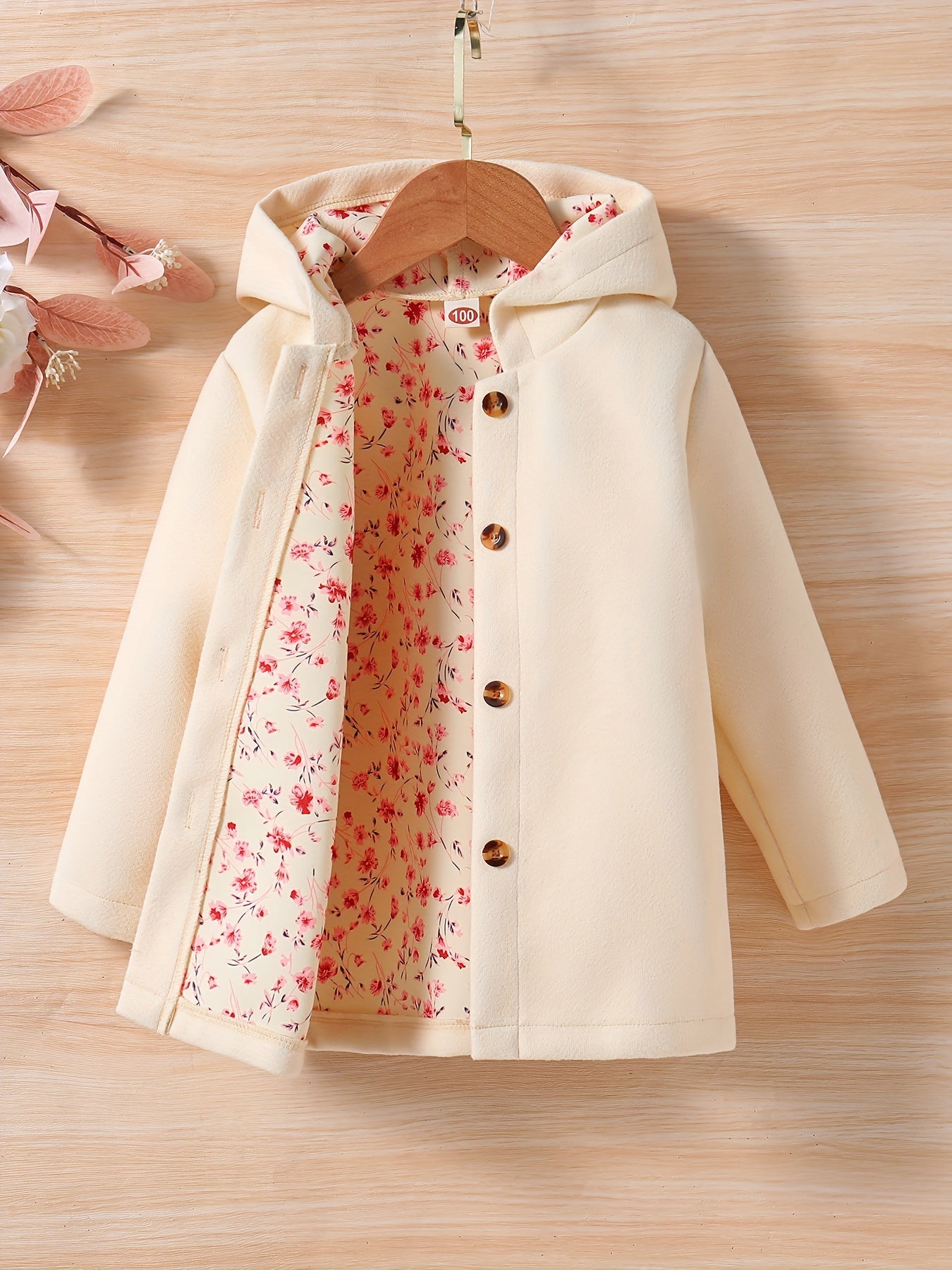 Baby Girls Toddler Girls Casual & Elegant Hooded Coat Floral Print Button Design Hoodies For Autumn And Winter