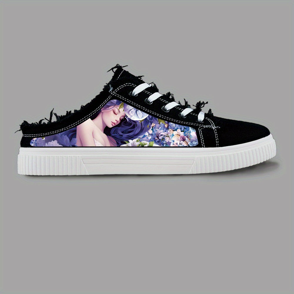 Anime Pattern Men's Low Top Mule Shoes, Comfy Non Slip Lace Up Rubber Sole Canvas Sneakers, Men's Footwear