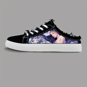 Anime Pattern Men's Low Top Mule Shoes, Comfy Non Slip Lace Up Rubber Sole Canvas Sneakers, Men's Footwear