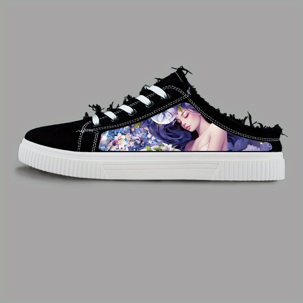 Anime Pattern Men's Low Top Mule Shoes, Comfy Non Slip Lace Up Rubber Sole Canvas Sneakers, Men's Footwear