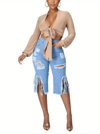 Trendy Women's Distressed Denim Shorts - Fringe Hem, Stylish, Comfortable for Casual Wear
