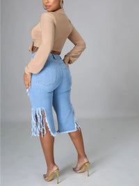 Trendy Women's Distressed Denim Shorts - Fringe Hem, Stylish, Comfortable for Casual Wear