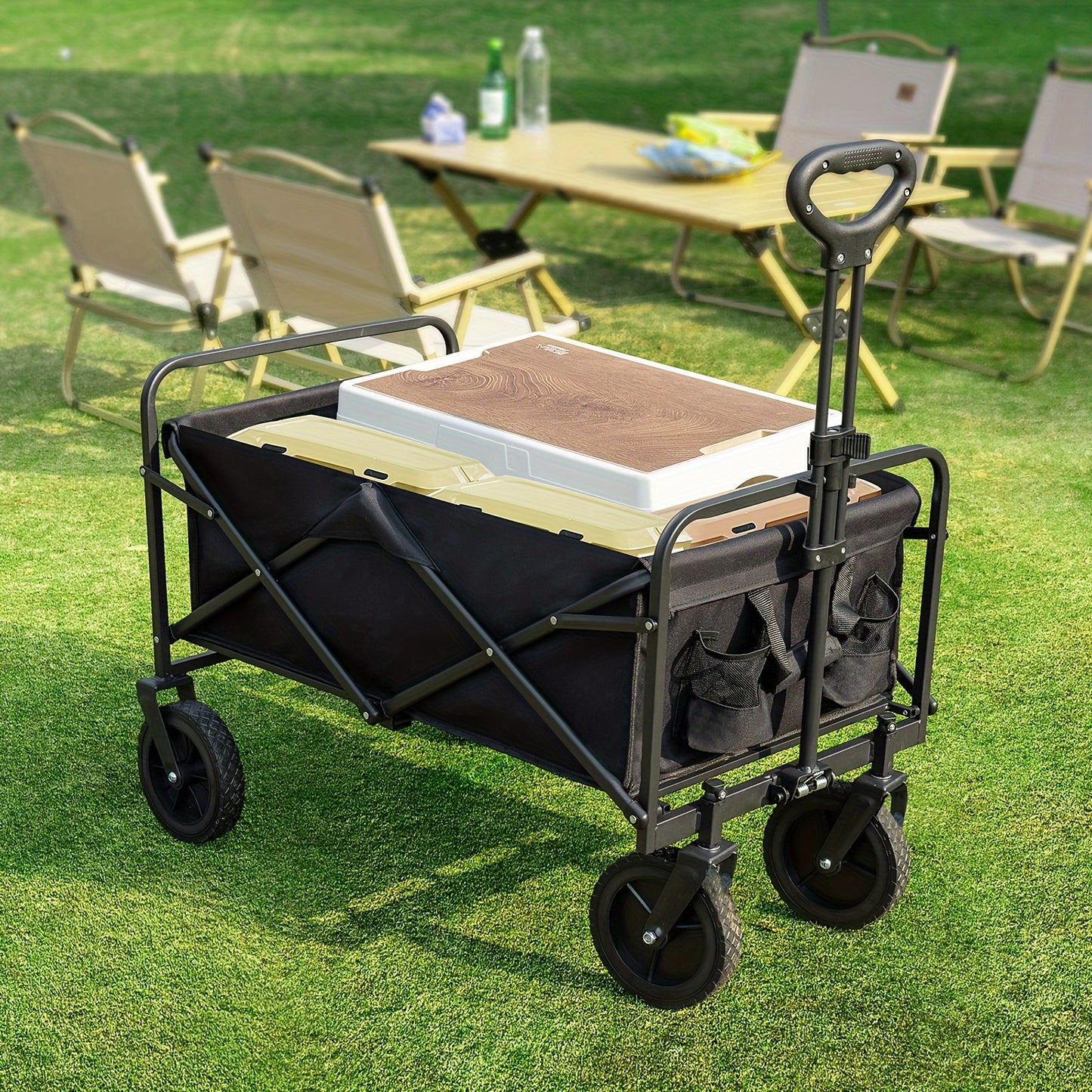 1pc Collapsible Foldable Wagon Cart, 220LBS Heavy Duty Utility Garden Cart With All-Terrain Wheels For Beach, Lawn, Sports, Camping, Black, 30"