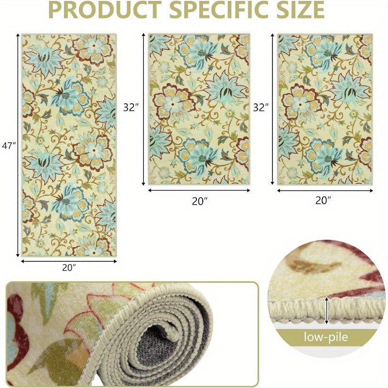 Kitchen Mats 3 Piece Set Boho Kitchen Rugs Set of 3 Non Slip Washable Floral Kitchen Mats for Floor 3 Piece Kitchen Carpet Runner for Sink Laundry Hallway