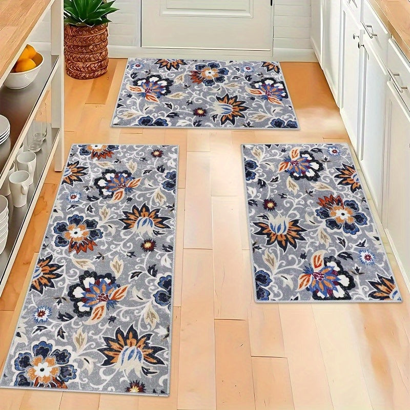 Kitchen Mats 3 Piece Set Boho Kitchen Rugs Set of 3 Non Slip Washable Floral Kitchen Mats for Floor 3 Piece Kitchen Carpet Runner for Sink Laundry Hallway