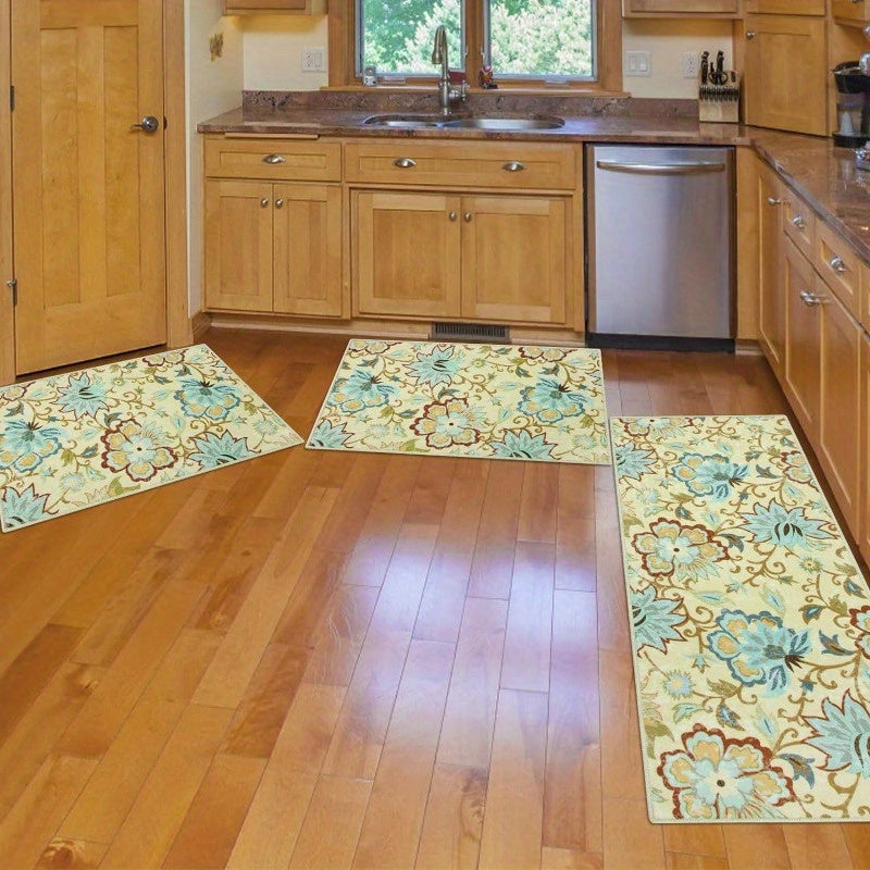 Kitchen Mats 3 Piece Set Boho Kitchen Rugs Set of 3 Non Slip Washable Floral Kitchen Mats for Floor 3 Piece Kitchen Carpet Runner for Sink Laundry Hallway