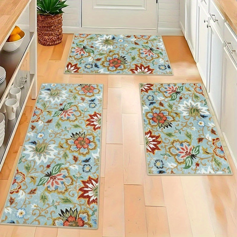 Kitchen Mats 3 Piece Set Boho Kitchen Rugs Set of 3 Non Slip Washable Floral Kitchen Mats for Floor 3 Piece Kitchen Carpet Runner for Sink Laundry Hallway