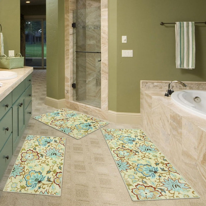 Kitchen Mats 3 Piece Set Boho Kitchen Rugs Set of 3 Non Slip Washable Floral Kitchen Mats for Floor 3 Piece Kitchen Carpet Runner for Sink Laundry Hallway