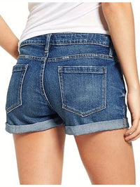 Stylish Womens High-Waisted Denim Shorts - Comfortable Rolled Hem, Ripped and Distressed Design, Breathable Summer Fashion, Blue Jean Shorts for Casual Outdoor Activities