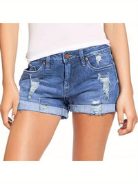 Stylish Womens High-Waisted Denim Shorts - Comfortable Rolled Hem, Ripped and Distressed Design, Breathable Summer Fashion, Blue Jean Shorts for Casual Outdoor Activities