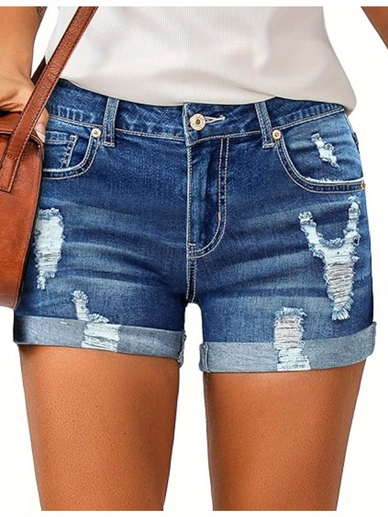 Stylish Womens High-Waisted Denim Shorts - Comfortable Rolled Hem, Ripped and Distressed Design, Breathable Summer Fashion, Blue Jean Shorts for Casual Outdoor Activities