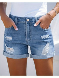 Stylish Womens High-Waisted Denim Shorts - Comfortable Rolled Hem, Ripped and Distressed Design, Breathable Summer Fashion, Blue Jean Shorts for Casual Outdoor Activities