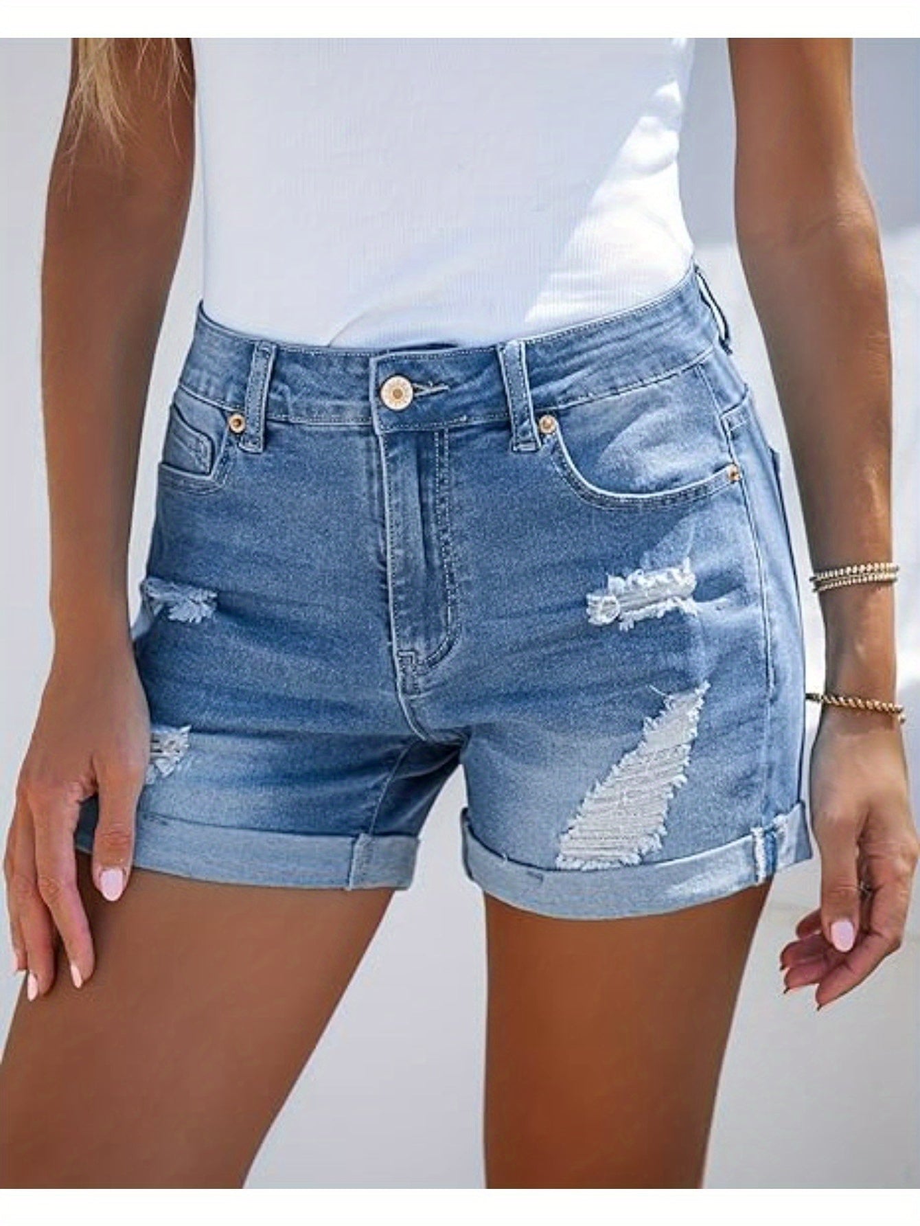 Stylish Womens High-Waisted Denim Shorts - Comfortable Rolled Hem, Ripped and Distressed Design, Breathable Summer Fashion, Blue Jean Shorts for Casual Outdoor Activities