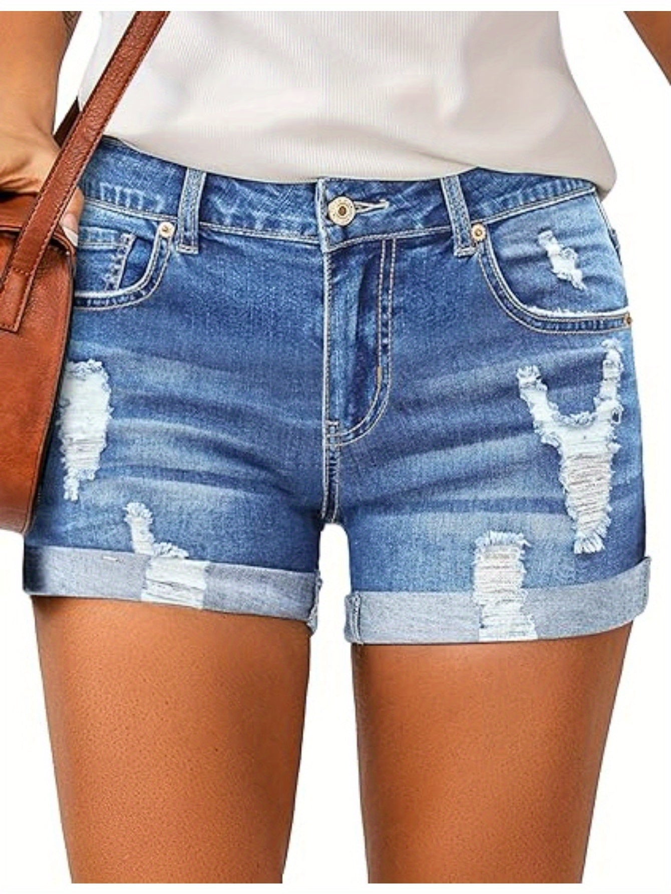 Stylish Womens High-Waisted Denim Shorts - Comfortable Rolled Hem, Ripped and Distressed Design, Breathable Summer Fashion, Blue Jean Shorts for Casual Outdoor Activities
