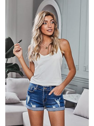 Stylish Womens High-Waisted Denim Shorts - Comfortable Rolled Hem, Ripped and Distressed Design, Breathable Summer Fashion, Blue Jean Shorts for Casual Outdoor Activities