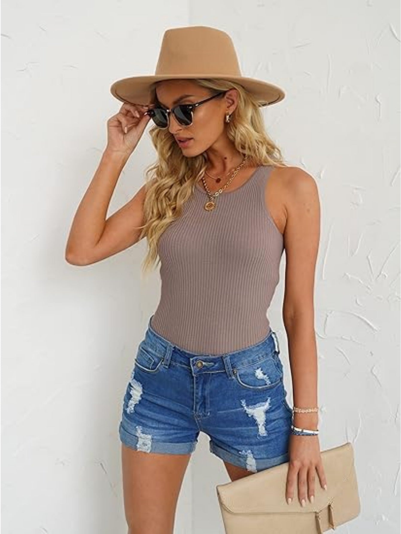 Stylish Womens High-Waisted Denim Shorts - Comfortable Rolled Hem, Ripped and Distressed Design, Breathable Summer Fashion, Blue Jean Shorts for Casual Outdoor Activities