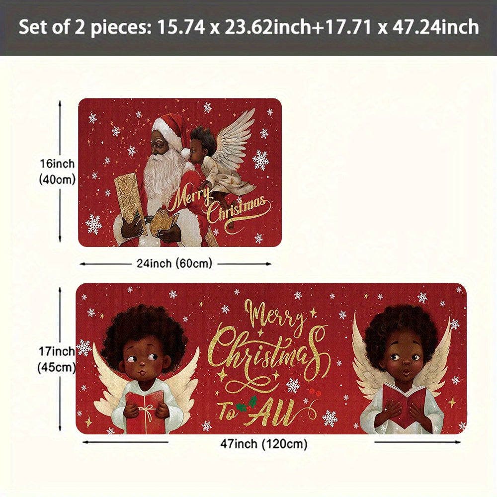 Festive Christmas Kitchen Mats 2/3pcs - Santa & African American Angel Design, Soft, Stain & Slip Resistant, Perfect for Holiday Parties, Bedroom, Living Room, Dining & Bathroom