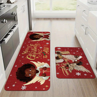 Festive Christmas Kitchen Mats 2/3pcs - Santa & African American Angel Design, Soft, Stain & Slip Resistant, Perfect for Holiday Parties, Bedroom, Living Room, Dining & Bathroom